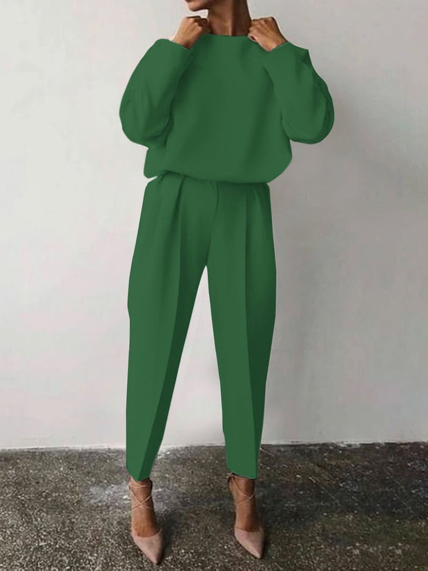 Casual Solid Color Round Neck Pencil Pants Suit