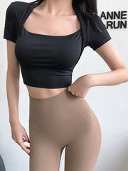 Short Sleeves Wrap Solid Color U-Neck Yoga Tops