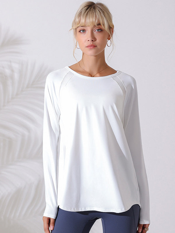 Long Sleeves Loose Hollow Solid Color Round-Neck Yoga Tops