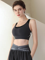 Color-Block Hollow Printed Wrap Spaghetti-Neck Sports Bra