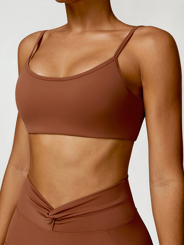 Skinny Wrap Backless Knot Solid Color Spaghetti-Neck Sports Bra