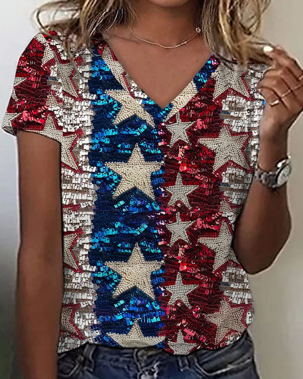 Women's Printed Short-Sleeved V-Neck T-Shirt With Contrasting Stars Sequin
