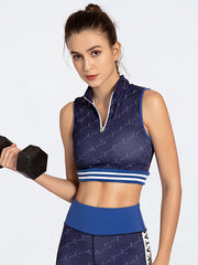 Sleeveless Color-Block Letter Print Zipper Bra&Leggings Sports Suits