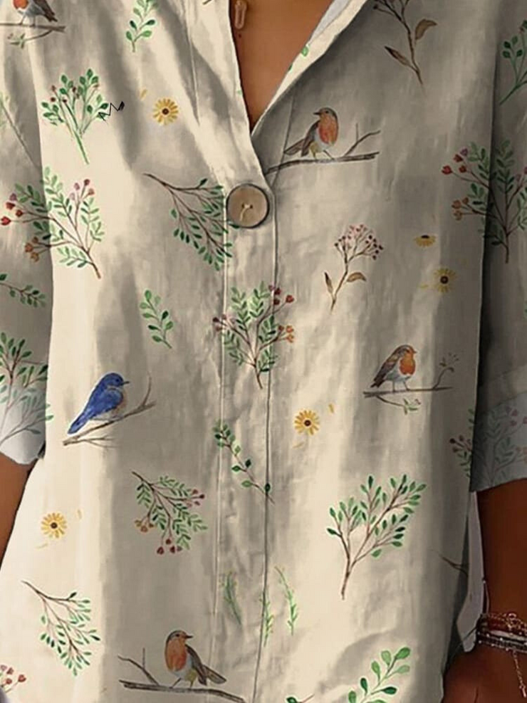 Boughs And Robin Birds Pattern Printed Women's Casual Cotton Linen Shirt