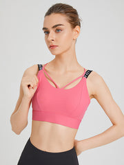 Back Cross Hollow Letter Print Solid Color Spaghetti-Neck Sports Bra