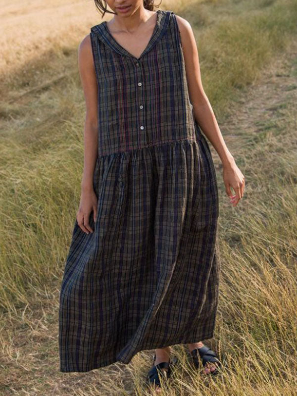 Vintage Plaid Sleeveless Women's Cotton Linen Dress