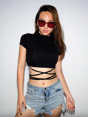 Sexy Solid Bandage Wrap Exposed Navel T-Shirts Tops