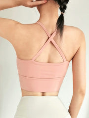 Sleeveless Wrap Back Cross Ruffled Spaghetti-Neck Sports Bra