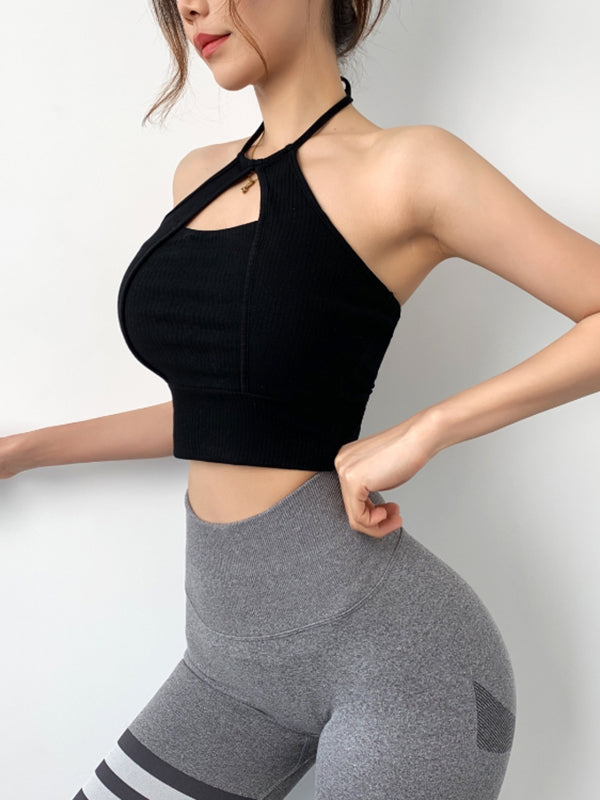 Wrap Bandage Hollow Solid Color Halter-Neck Sports Bra