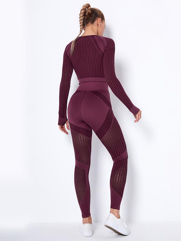 Contrast Color Long Sleeves Exposed Navel Tees&Leggings Sports Suits