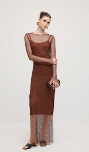 Mesh With Monochrome Lining  Maxi Dress In Coffee