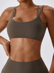 Wrap Back Cross Hollow Solid Color Spaghetti-Neck Sports Bra