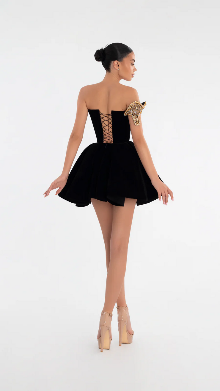 Black V-neck Rhinestone Tube Top Short Dress