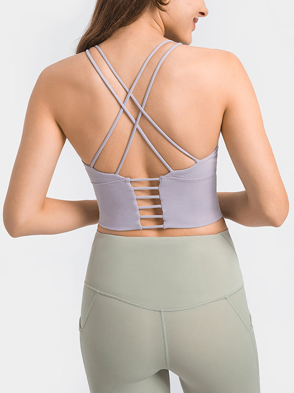 Skinny Wrap Yoga Tops Hollow Solid Color Spaghetti-Neck Bra