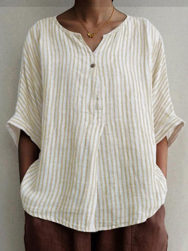 Striped Loose Cotton and Linen Women's Tops