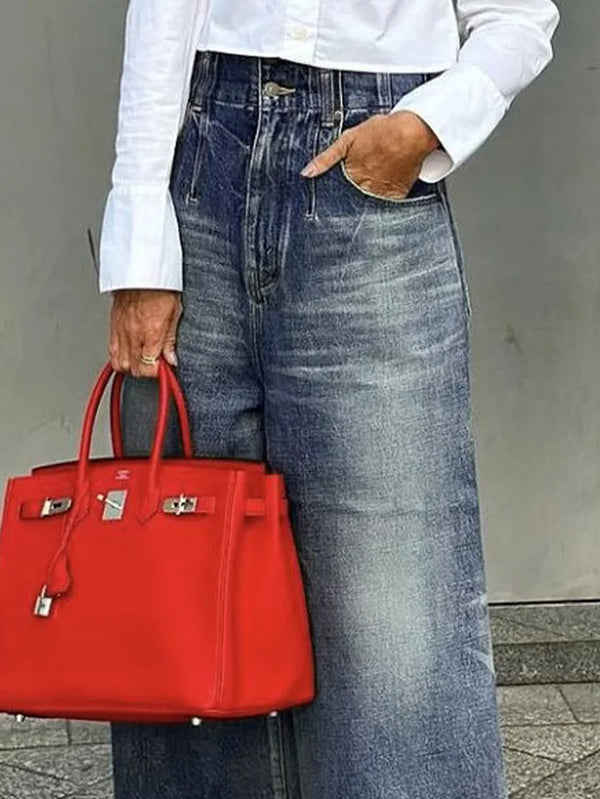 Loose Wide Leg Buttoned Fringed Pockets Jean Pants Bottoms