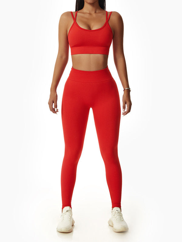 Skinny Wrap High-Waisted Hollow Bra&Leggings Solid Color Spaghetti-Neck Suits