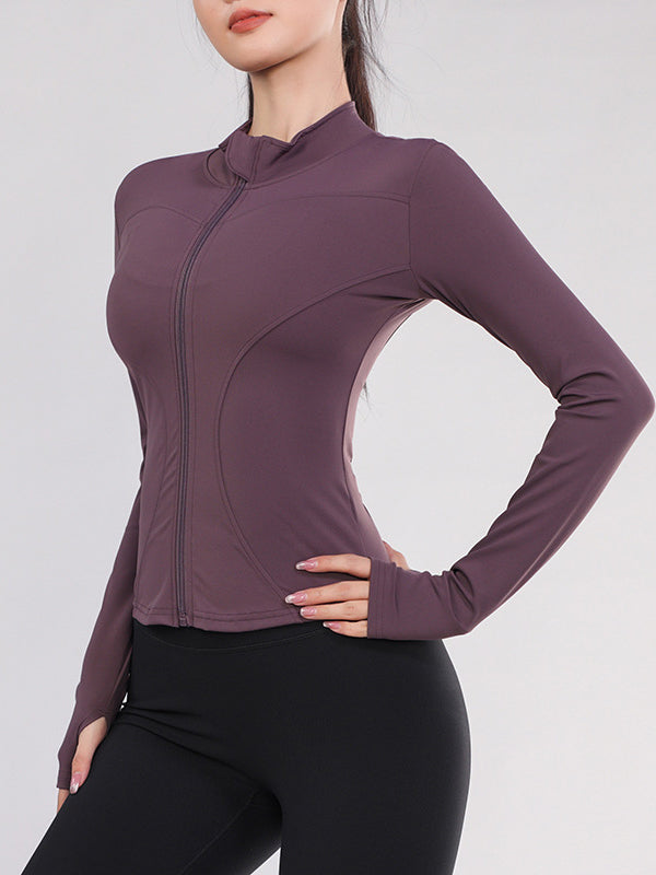 Long Sleeves Skinny Solid Color Zipper Stand Collar Yoga Tops