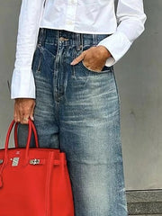 Loose Wide Leg Buttoned Fringed Pockets Jean Pants Bottoms