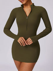 Long Sleeves Skinny Solid Color Zipper Round-Neck Mini Dresses