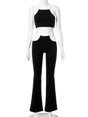 Color-Block Belly-Hollow Wrap Skinny Spaghetti-Neck Suits