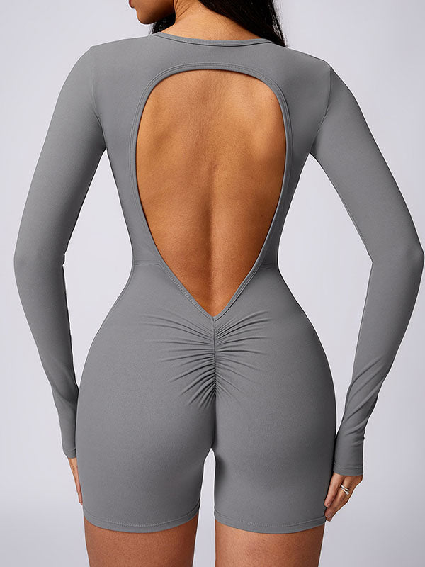 Long Sleeves Skinny Backless Solid Color Round-Neck Sports Rompers