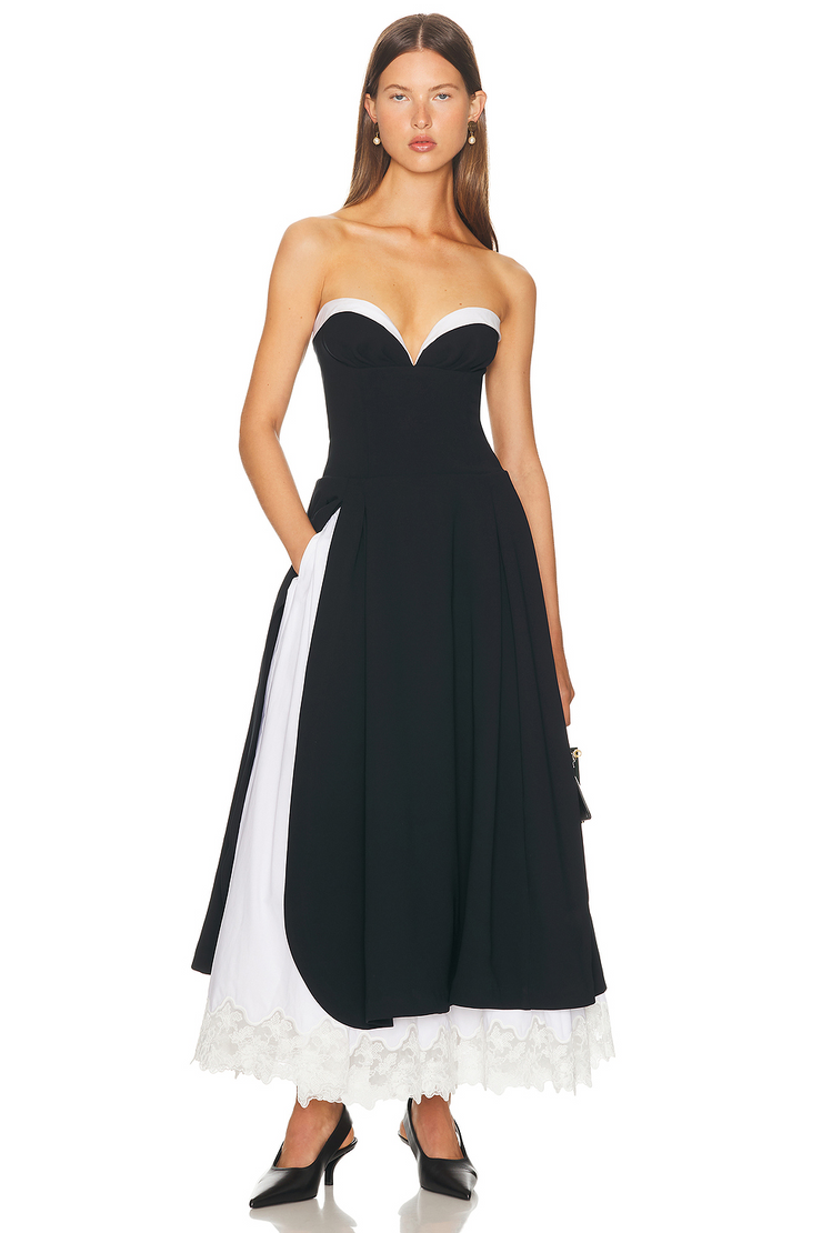 Sexy V-neck Tube Top Cinched Waist Stitching Contrasting-Color Dress