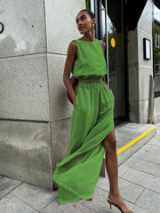 Casual Solid Color Sleeveless Top and Wide Leg Pants Set