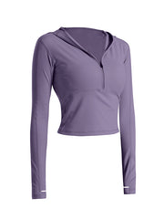 Long Sleeves Wrap Hood Solid Color Zipper V-Neck Yoga Tops