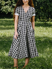 V-Neck Plaid Dress