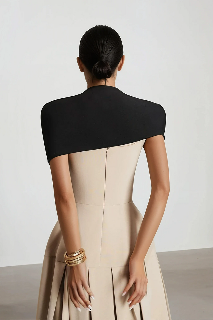 Pasha Cape Asymmetrical Pleated Midi Dress