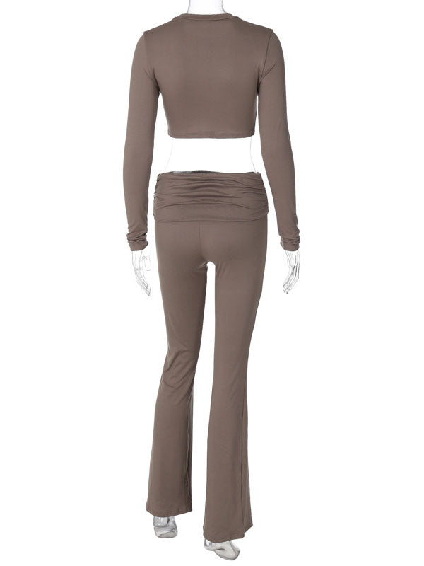 Cropped Skinny Pleated Solid Color Round-Neck Tee&Pants Suits