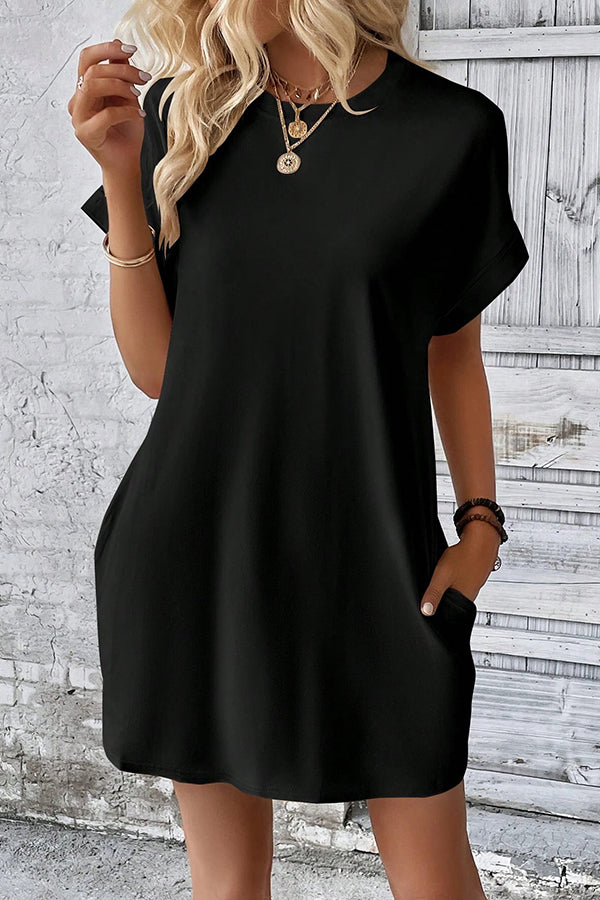 Solid Batwing Sleeve Hidden Pocket Tee Dress