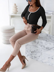 Casual Skinny Long Sleeves Contrast Color Square-Neck Bodysuits