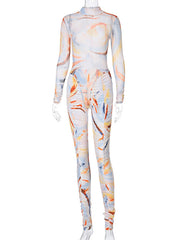 Tie-Dye Printed Long-Sleeved Bodysuits&Leggings Suits