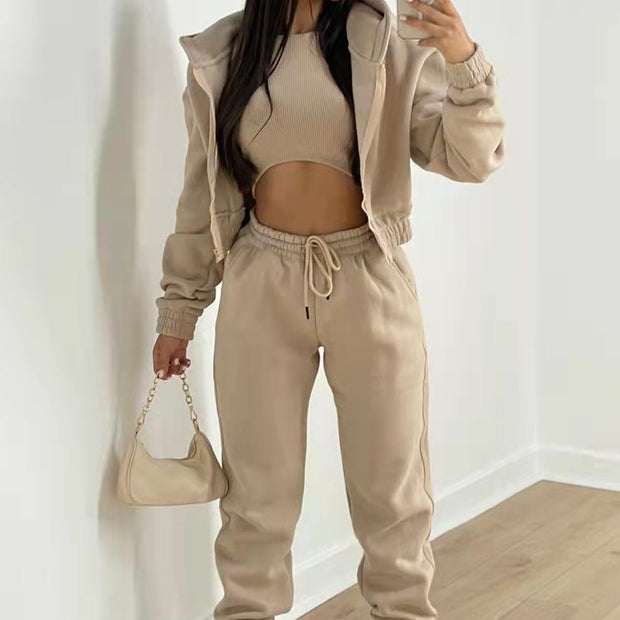 Simple hooded sweatshirt sports three piece set