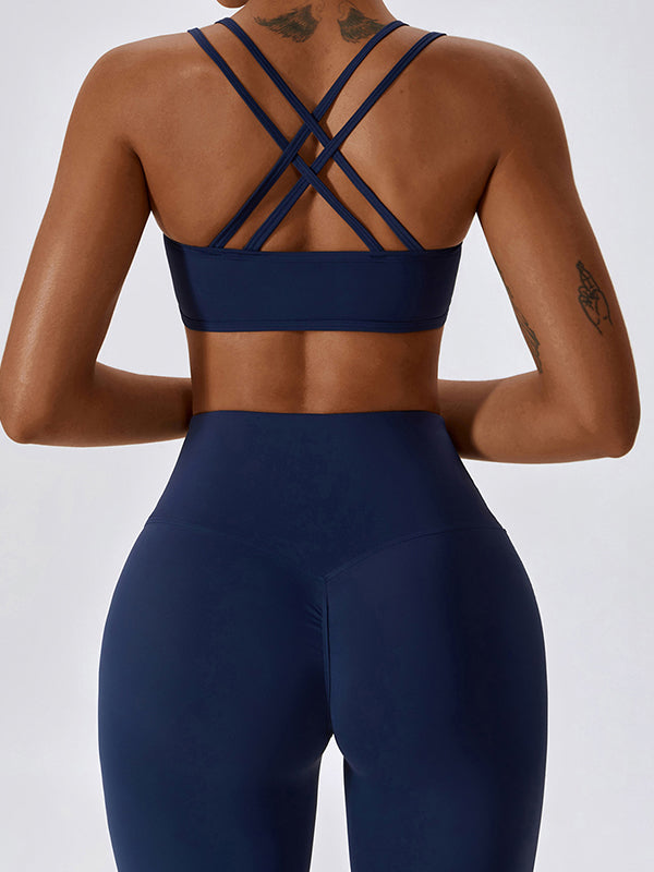 Wrap Back Cross Hollow Solid Color Spaghetti-Neck Sports Bra