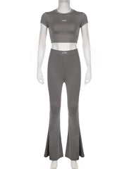 Cropped Letter Print Round-Neck Tee&Flared Pants Suits