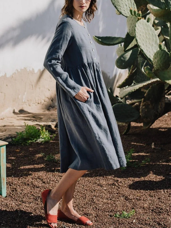 Round Neck Solid Color Buttoned Cotton And Linen Dress