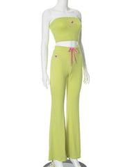 Cropped Flared Drawstring Embroidered Solid Color Tank&Pants Suits