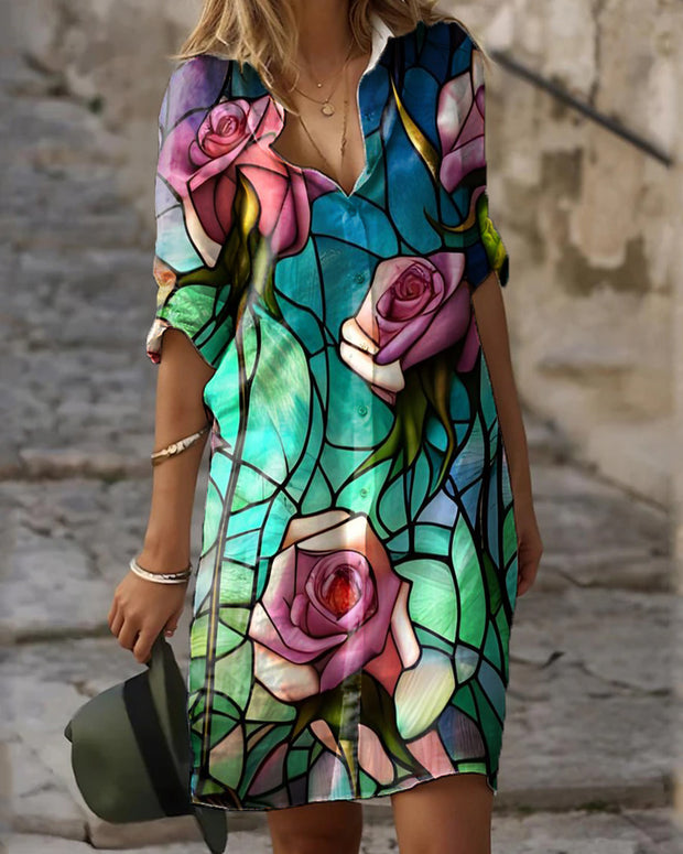 Cotton Linen Dress With Glazed Rose Lapel