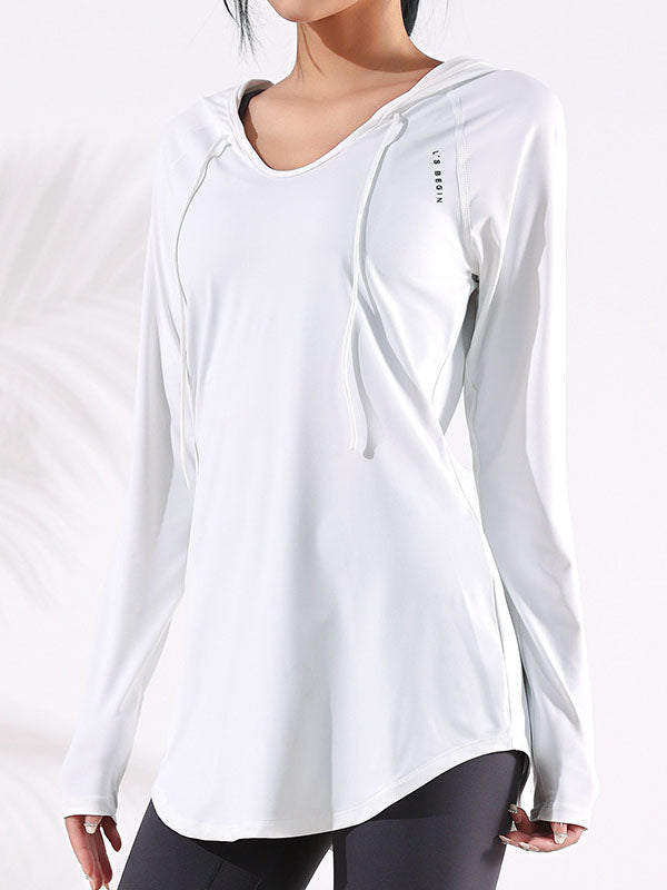 Long Sleeves Loose Yoga Tops Hooded Solid Color V-Neck Tee