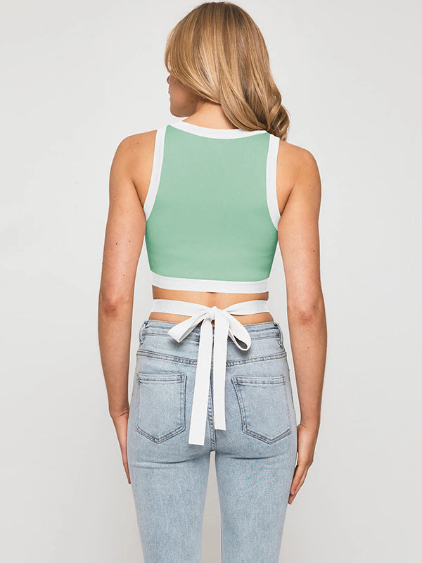 Wrap Cropped Color-Block Bandage Tank Round-Neck T-Shirts