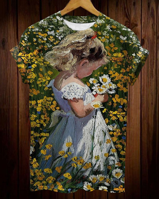Oil Painting Meadow Girl Printed Round Neck Short Sleeve T-Shirt