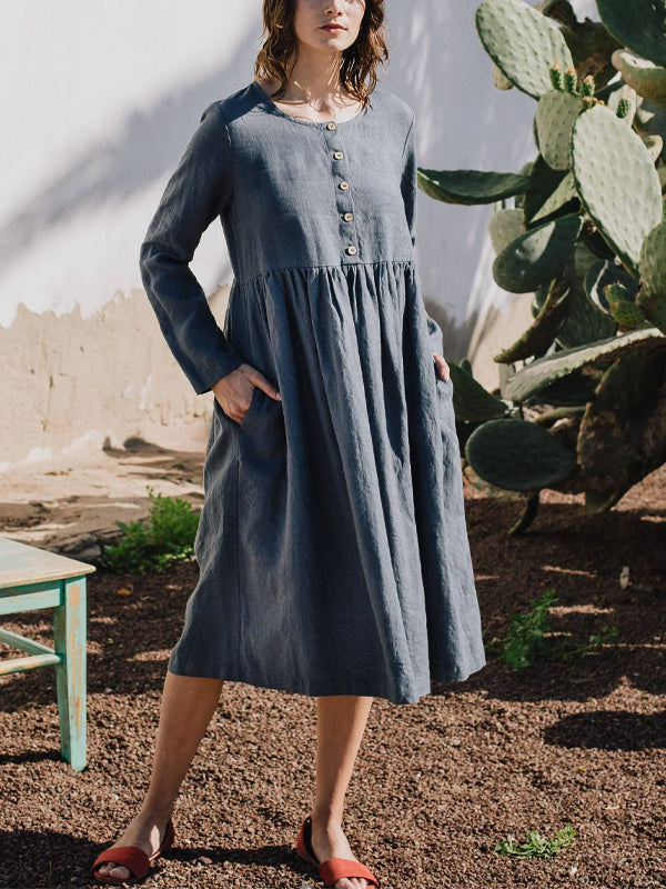 Round Neck Solid Color Buttoned Cotton And Linen Dress