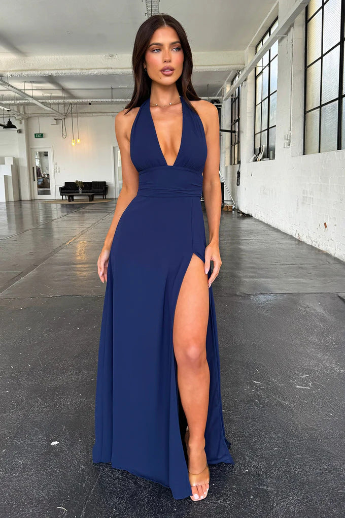 Halter neck V-neck strappy backless slit dress