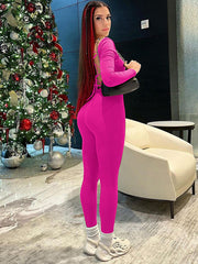 Long Sleeves Skinny Bandage Hollow Solid Color Square-Neck Jumpsuits