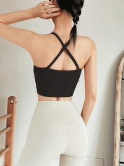 Sleeveless Wrap Back Cross Ruffled Spaghetti-Neck Sports Bra