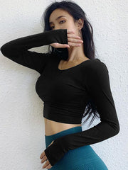 Solid Backless Long Sleeves With Chest Pad Yoga Tops