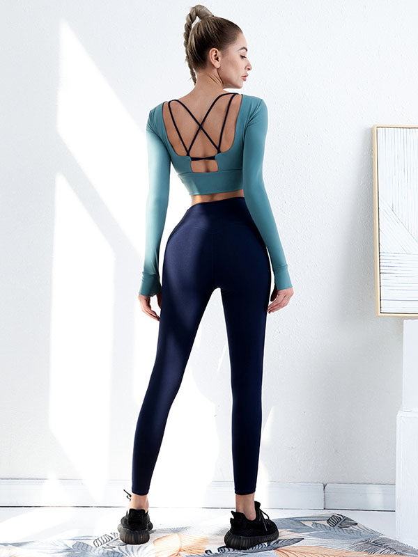 Hollow Beautiful Back Long-Sleeved Top&High Waist Hip-Lifting Leggings Suits